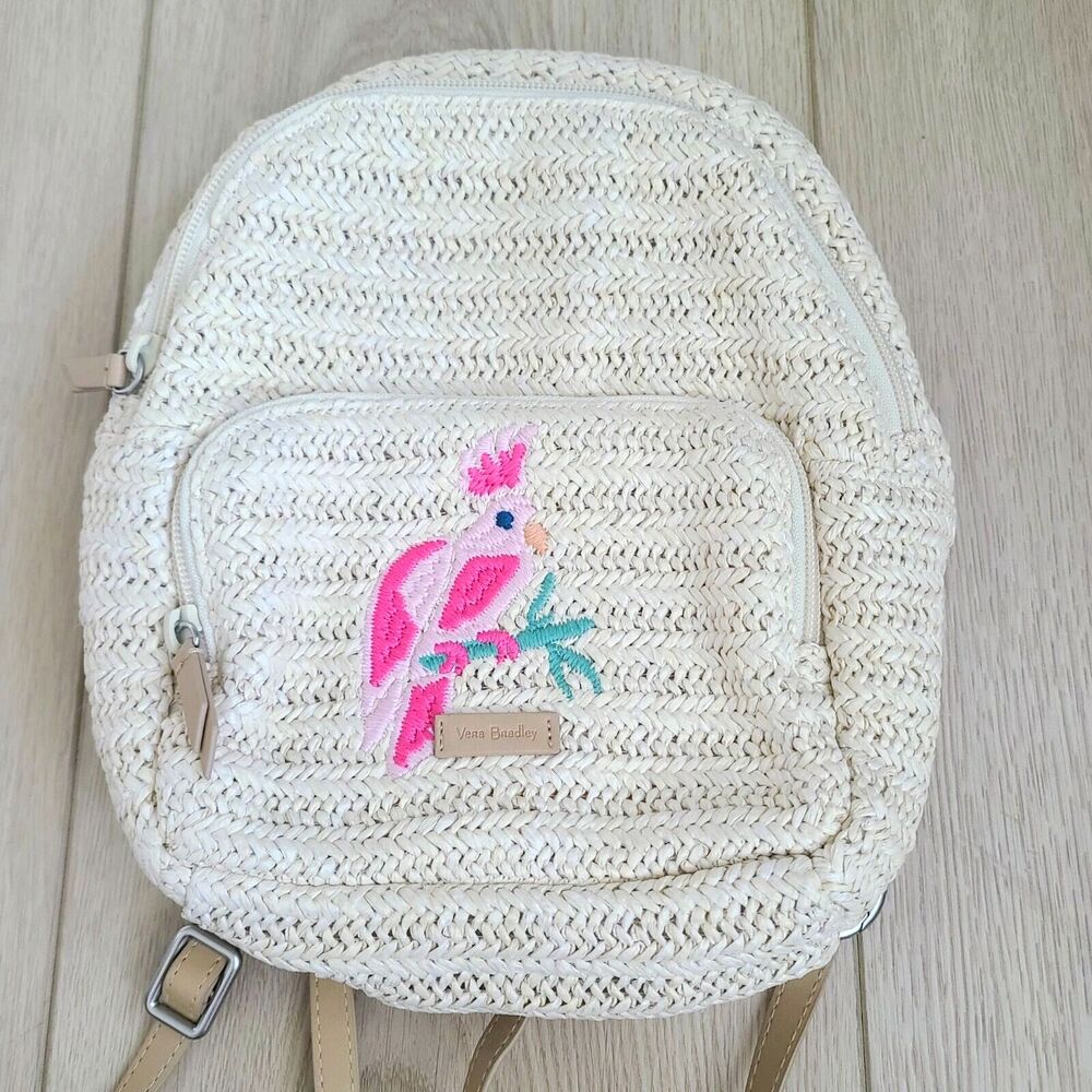 Vera Bradley Straw Mini Convertible Backpack Light Natural Pink‎ Tropical Bird